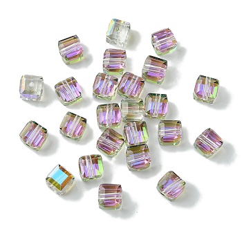 100Pcs Transparent Electroplate Glass Beads, Half Rainbow Plated, Faceted, Cube, Plum, 7x7x7mm, Hole: 1.6mm