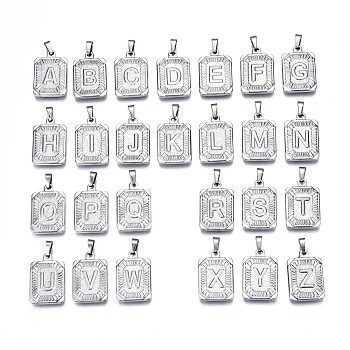 304 Stainless Steel Pendants, Rectangle with Alphabet A~Z, Stainless Steel Color, 23.5x15.5x3.5mm, Hole: 6x2.5mm, about 26pcs/set