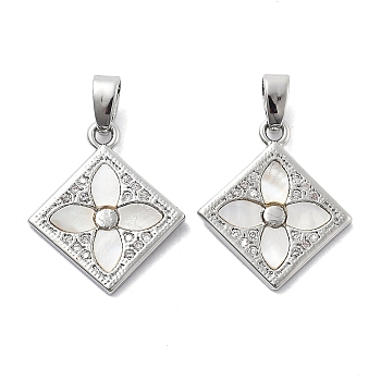 Brass Micro Pave Cubic Zirconia Pendants, with Shell, Rhimbus with Flower Charm, Platinum, 18x15x1.5mm, Hole: 5x2.5mm