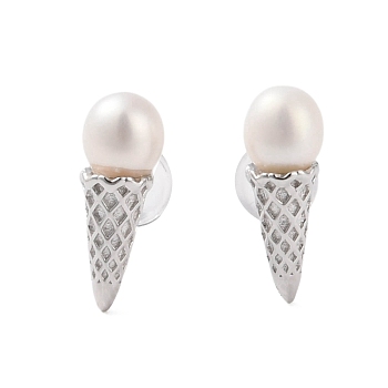 925 Sterling Silver Studs Earring, with Natural Pearl, Ice Cream, Platinum, 14x5mm