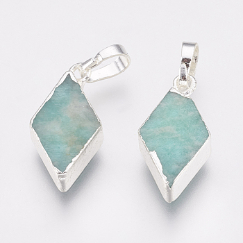Natural Amazonite Pendants, with Brass Findings, Rhombus, Silver Color Plated, 18x9x4~4.5mm, Hole: 4x6mm