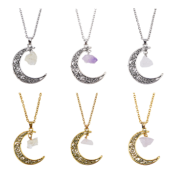 6Pcs 6 Style Synthetic Quartz Crystal & Citrine Chips Pendant Necklaces Set, Alloy Moon Necklaces, Antique Silver & Antique Golden, 19.76~23.03 inch(50.2~58.5cm), 1Pc/style