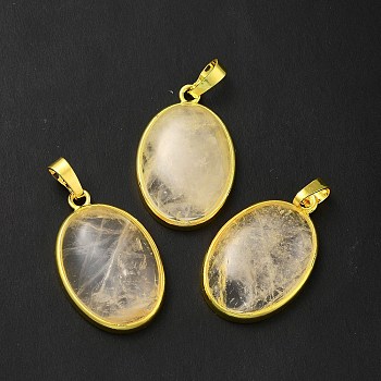 Natural Quartz Crystal Pendants, Rock Crystal Pendants, Oval Charms, with Rack Plating Golden Plated Brass Findings, Lead Free & Cadmium Free, 31x20x7.5~8mm, Hole: 7x5mm