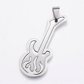 201 Stainless Steel Pendants, Guitar, Stainless Steel Color, 46x18x2mm, Hole: 4x8mm