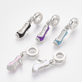 Platinum Plated Alloy European Dangle Charms, with Enamel, Large Hole Pendants, High-Heeled Shoes, Mixed Color, 27mm, Hole: 5mm, Ring: 13x9x2.5mm, Shoes: 9.5x14.5x5mm