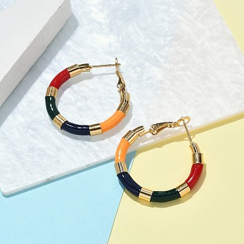 PVD Vacuum Plating 201 Stainless Steel Enamel Hoop Earrings for Women, with 304 Stainless Steel Pins, Real 18K Gold Plated, Colorful, 30x4mm, Pin: 1mm