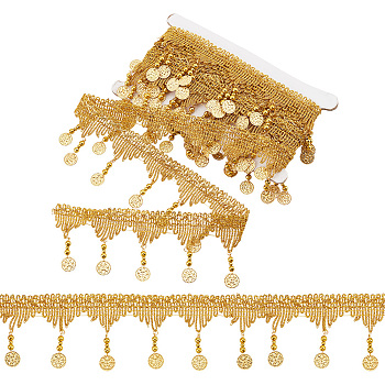Elite 4.5m Sparkle Polyester Tassel Lace Trims, Paillette Fringe Lace Trimming with Iron Beads, Flat Round, Goldenrod, 1-1/2 inch(37.5mm), about 4.92 Yards(4.5m)/Set