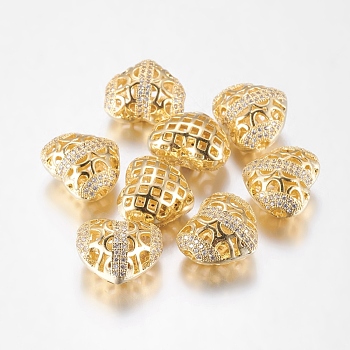 Brass Cubic Zirconia Beads, Hollow, Heart, Golden, 13x15.5x9mm, Hole: 2mm