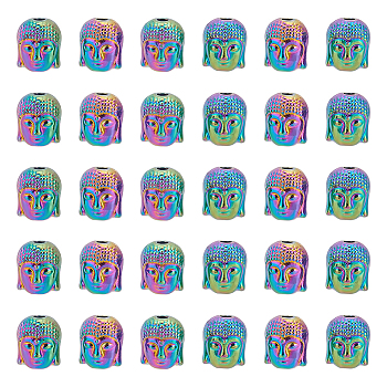 30Pcs Rack Plating Rainbow Color Alloy Beads, Cadmium Free & Nickel Free & Lead Free, Buddha Head, Buddhist Theme, Rainbow Color, 10x8.5x8mm, Hole: 2mm