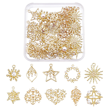 AHADERMAKER 40Pcs 10 Style Alloy Pendants, with ABS Plastic Imitation Pearl, Flower & Star & Heart & Sun & Leaf, Light Gold, 19~27.5x14~26x2~7mm, Hole: 1.4~2mm, 4pcs/style