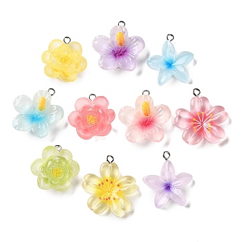 Transparent Resin Pendants, Flower Charm, with Platinum Iron Loop, Mixed Color, 23.5~29x21~26x5~9mm, Hole: 2mm