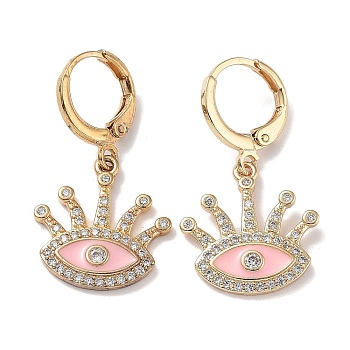 Real 18K Gold Plated Brass Dangle Leverback Earrings, with Enamel and Cubic Zirconia, Evil Eye, Pink, 30.5x16.5mm
