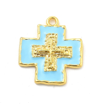 Brass Enamel Pendants, Lead Free & Cadmium Free, Long-Lasting Plated, Cross Charm, Rack Plating, Real 18K Gold Plated, Cyan, 42x37x5mm, Hole: 3.6mm