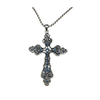 Cross Zinc Alloy Pendant Necklace, with Rhinestone, Indian Sapphire, 27.56 inch(70cm)