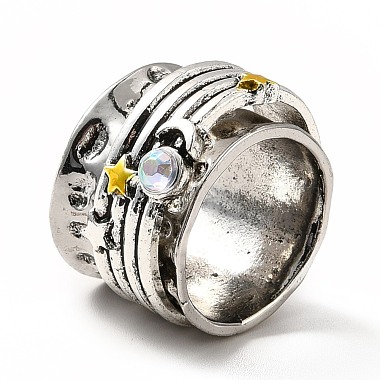 Rotatable Moon and Star Alloy Finger Ring with Rhinestone(RJEW-F123-03AS)-2