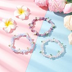 3Pcs Natural Rose Quartz & Dyed Aquamarine & Lepidolite Chip Beaded Stretch Bracelets for Women, with ABS Plastic Imitation Pearl Floral Beads, Inner Diameter: 2 inch(5cm)(BJEW-JB12311)