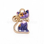 Alloy Enamel Pendants, Light Gold, Cat with Bowknot, Slate Blue, 21x13x2.3mm, Hole: 2.3mm(ENAM-CJC0006-04LG)