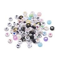 Acrylic Beads, Flat Round with Mixed Pattern, Mixed Color, 6.5~7x3~3.5mm, Hole: 1mm, about 778pcs/100g(X-MACR-XCP0001-07)