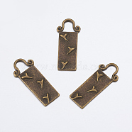 Alloy Pendants, Lead Free and Cadmium Free, Rectangle with Heart, Antique Bronze Color, about 33mm long, 13.5mm wide, 2mm thick, hole: 5x7mm(X-EA10731Y-AB)