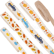 BENECREAT 10 Yards 5 Styles Autumn Theme Printed Cotton & Burlap Ribbons, Jacquard Ribbon, Tyrolean Ribbon, Garment Accessories, for Thanksgiving Day, Truck & Pumpkin & Maple Leaf Pattern, Mixed Color, Mixed Patterns, 3/8~5/8 inch(10~16mm), 2 yards/style(OCOR-BC0005-44)