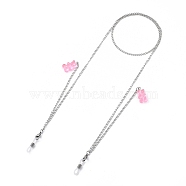 304 Stainless Steel Eyeglasses Chains, Neck Strap for Eyeglasses, with Bear Resin Pendants and Rubber Loop Ends, Stainless Steel Color, Pearl Pink, 27.95 inch(71cm)(AJEW-EH00207-03)