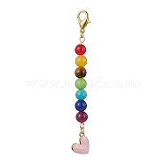 Alloy Enamel Heart Pendant Decorations, with Chakra Natural Gemstone Round Bead and Alloy Lobster Claw Clasps, Pink, 100mm(HJEW-JM01507-03)
