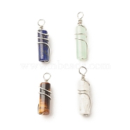 Natural Mixed Stone Pendants, with Platinum Plated Eco-Friendly Brass Wire Wrapped, Column, 19.5~20x5~5.5mm, Hole: 2.4~2.8mm(PALLOY-JF01570)