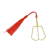 Chinese Ancient Palm Leaf Fan Shape Brass Wire Wrap Metal Bookmark with Tassel for Book Lover, Golden, Red, 215mm(AJEW-WH0034-48)