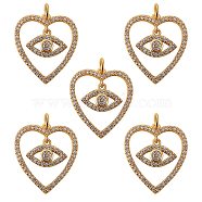 5Pcs Brass Micro Pave Clear Cubic Zirconia Pendants, with Jump Rings, Nickel Free,  Heart with Eye, Real 16K Gold Plated, 23x20x2mm, Hole: 3mm(ZIRC-SZ0002-42)