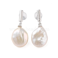 925 Sterling Silver Studs Earring, with Natural Pearl, Oval, Platinum, 26x11mm(EJEW-H002-29P)