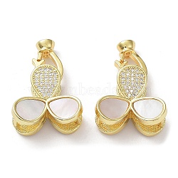 Rack Plating Brass Micro Pave Clear Cubic Zirconia Fold Over Clover Clasps, with Natural Shell, Cadmium Free & Lead Free, Long-Lasting Plated, Real 18K Gold Plated, 27mm, Hole: 15x3~4mm(KK-F858-10G)