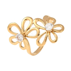 Adjustable 304 Stainless Steel Clear Cubic Zirconia Cuff Rings for Women, Flower, Golden, 25.5mm, US Size 8 1/2(18.5mm)(RJEW-T029-02G)