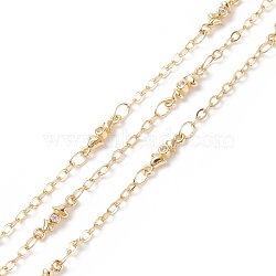 Brass Double Heart Link Chains, with Clear Cubic Zirconia and Cable Chains, Soldered, with Spools, Cadmium Free & Lead Free, Real 14K Gold Plated, 10.5x3.5x2mm(CHC-P009-03G)