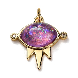 Brass Micro Pave Cubic Zirconia Pendants, with Resin & Glitter Powder and Jump Ring, Oval Charms, Dark Orchid, 21x20.5x6mm, Hole: 2.5mm(KK-A233-01G-01)