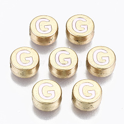 Alloy Enamel Beads, Cadmium Free & Lead Free, Flat Round with Initial Letters, Light Gold, Pearl Pink, Letter.G, 8x4mm, Hole: 1.5mm(X-ENAM-S122-029G-RS)