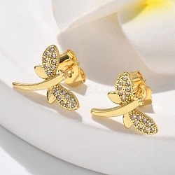 Brass Micro Pave Clear Cubic Zirconia Stud Earrings, Long-Lasting Plated, Real 18K Gold Plated, Dragonfly, 12x14.5mm(EJEW-D305-20G-01)