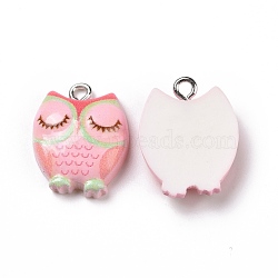 Opaque Resin Pendants, with Platinum Tone Iron Loops, Animals Charm, Pink, Owl Pattern, 21x16x5.5mm, Hole: 2mm(RESI-J023-15C)