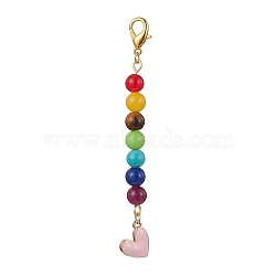 Alloy Enamel Heart Pendant Decorations, with Chakra Natural Gemstone Round Bead and Alloy Lobster Claw Clasps, Pink, 100mm(HJEW-JM01507-03)