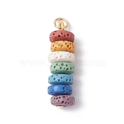 Natural Lava Rock Dyed Beaded Pendants, Chakra Disc Charms with 304 Stainless Steel Loops, Colorful, Golden, 27.5x8mm, Hole: 3.5mm(PALLOY-JF02536-01)