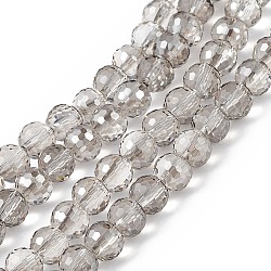 Transparent Electroplate Glass Beads Strands, Faceted(96 Facets), Round, Pearl Luster Plated, Dark Gray, 7.5~8x7mm, Hole: 1.2mm, about 70~72pcs/strand, 20.08~20.47 inch(51~52cm)(EGLA-F151-PL02)