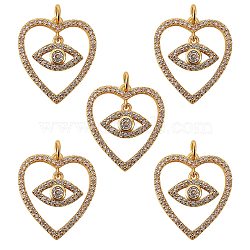 5Pcs Brass Micro Pave Clear Cubic Zirconia Pendants, with Jump Rings, Nickel Free,  Heart with Eye, Real 16K Gold Plated, 23x20x2mm, Hole: 3mm(ZIRC-SZ0002-42)