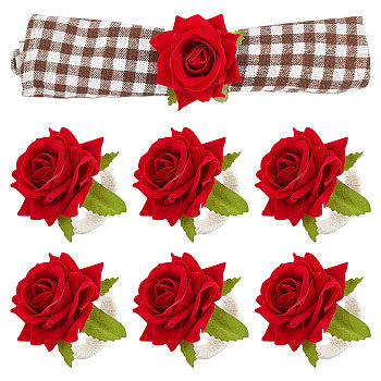 CRASPIRE 6Pcs Jute Braided Napkin Rings, with Silk Artificial Rose Flower, for Wedding, Valentine's Day, Anniversary, Red, 75mm