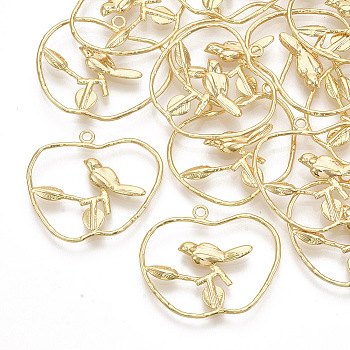 Brass Filigree Pendants, Real 18K Gold Plated, Hollow, Bird and Apple, Golden, 26~28x30.5~31.5x2mm, Hole: 1.8mm