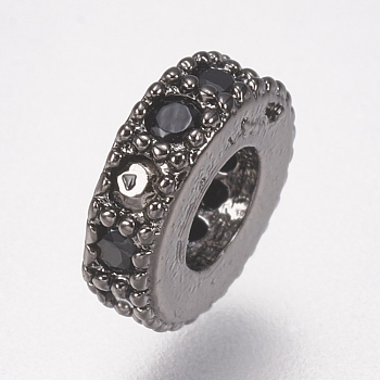 Brass Micro Pave Cubic Zirconia Bead Spacers, Flat Round, Black, Gunmetal, 6x2mm, Hole: 2.5mm