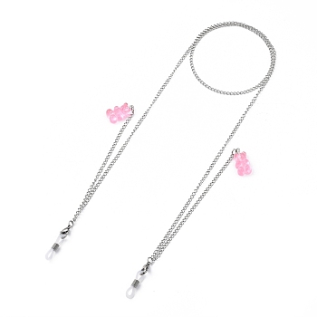 304 Stainless Steel Eyeglasses Chains, Neck Strap for Eyeglasses, with Bear Resin Pendants and Rubber Loop Ends, Stainless Steel Color, Pearl Pink, 27.95 inch(71cm)