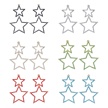 6 Pairs 6 Colors Alloy Hollow Star Dangle Stud Earrings with Rhinestone for Women, Mixed Color, 64x41.5mm, 1 Pair/color