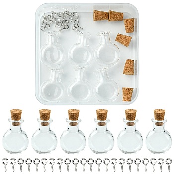 6Pcs Clear Mini High Borosilicate Glass Bottle Bead Containers, Wishing Bottle, with Cork Stopper, with 20Pcs Iron Screw Eye Pin Peg Bails, Bottle, 2.6x1.9cm