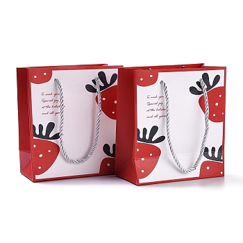 Rectangle Paper Bags, with Handles, for Gift Bags and Shopping Bags, Strawberry Pattern, 15.5x14x7.1cm, Fold: 15.5x14x0.4cm, 12pcs/bag