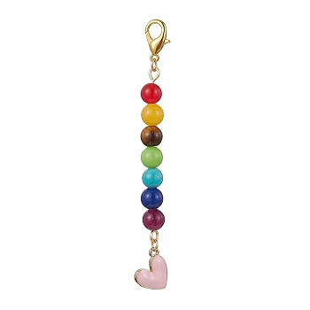 Alloy Enamel Heart Pendant Decorations, with Chakra Natural Gemstone Round Bead and Alloy Lobster Claw Clasps, Pink, 100mm