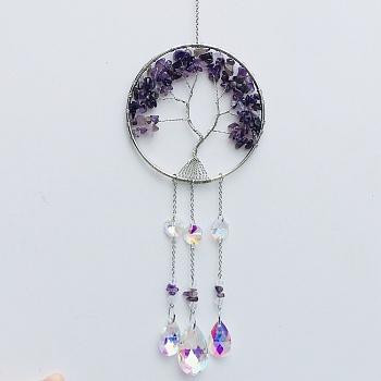 Natural Amethyst Tree of Life Pendant Decorations, Suncatchers for Party Window, Wall Display Decorations, 400mm